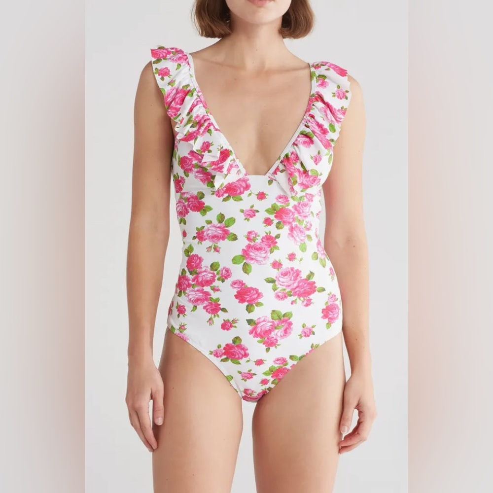 Betsey Johnson Ruffle One-Piece Pink and White Floral Swimsuit Women’s Size XL